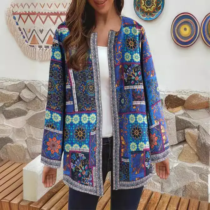 2023 Vintage Cotton Printed Long Sleeve Coat Multicolor - Image 6