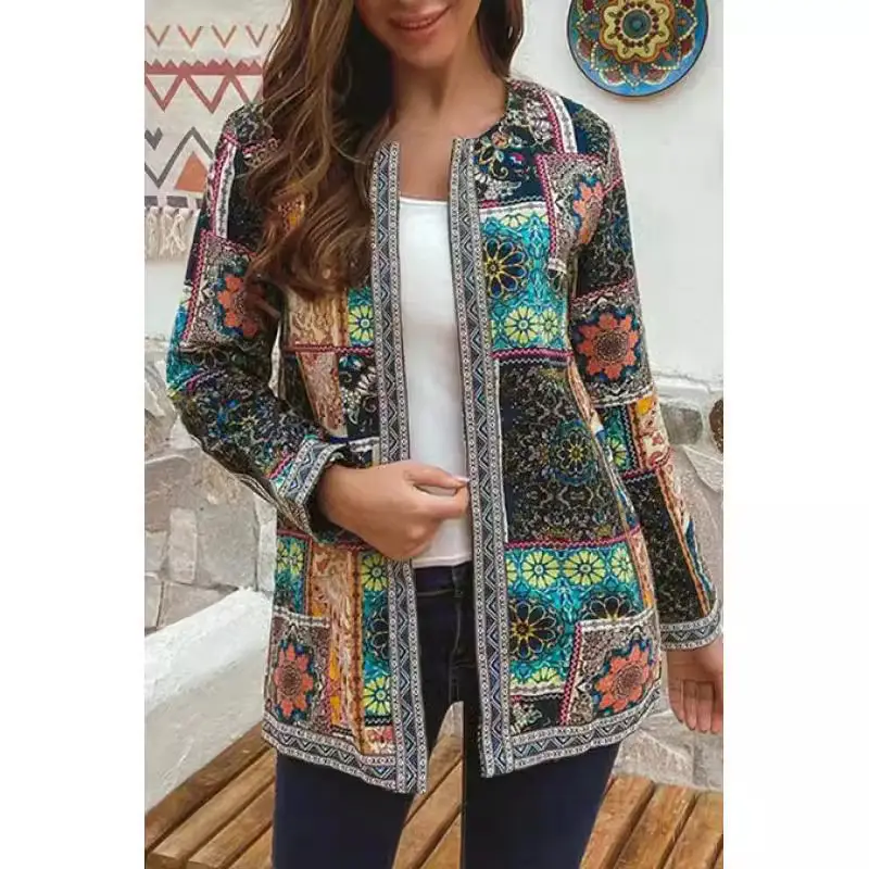 2023 Vintage Cotton Printed Long Sleeve Coat Multicolor - Image 7