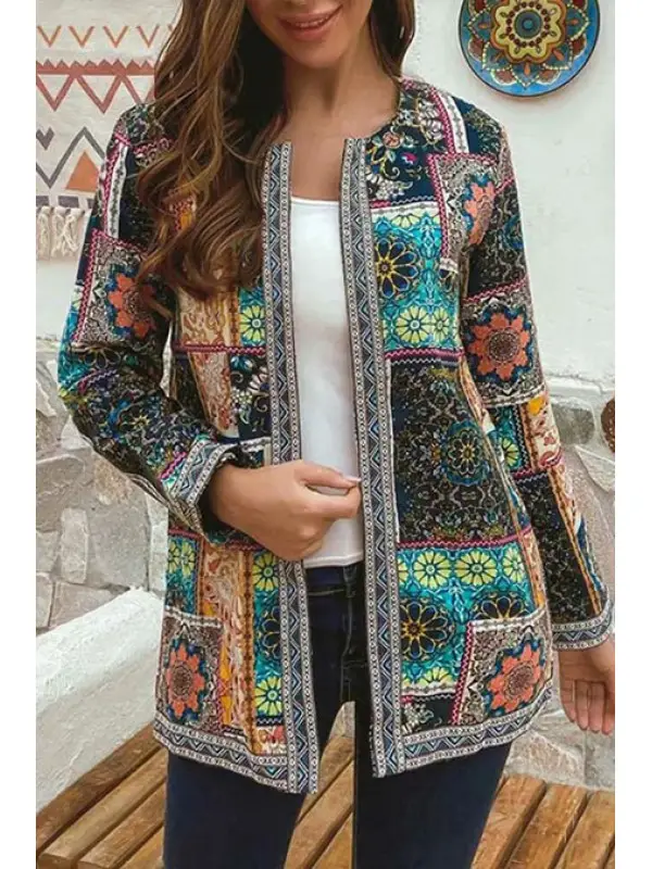 2023 Vintage Cotton Printed Long Sleeve Coat Multicolor - Image 2