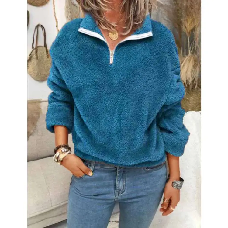 Women Velvet Coat Blue Zip Front Plus Size — feature 16
