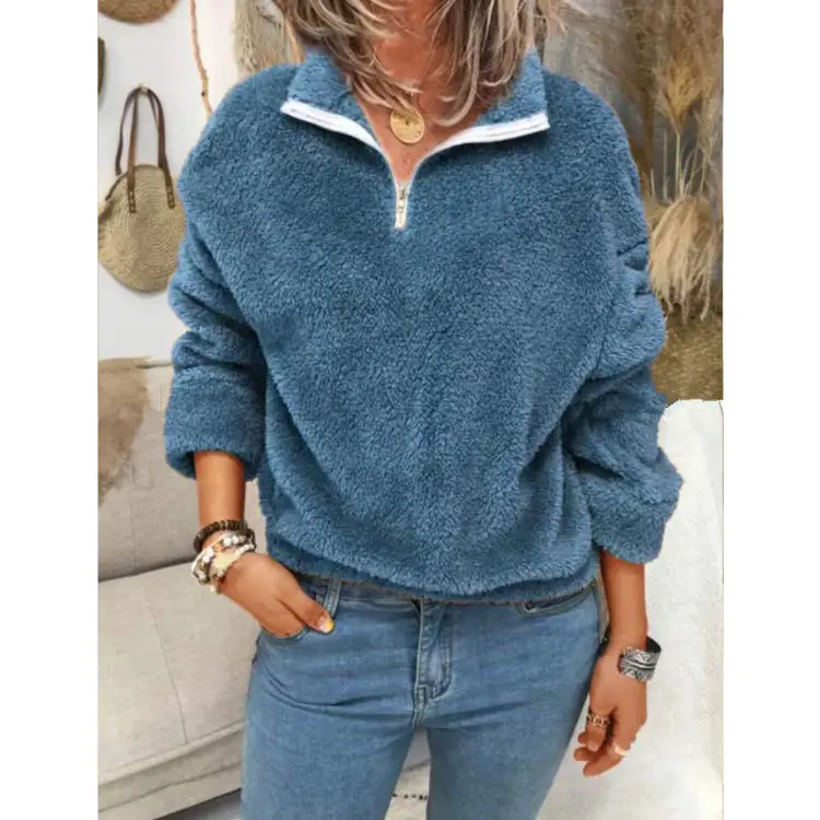 Women Velvet Coat Blue Zip Front Plus Size — feature 6