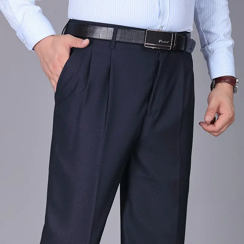 Men Grey High Waist Cotton Business Pants Large - Image 3