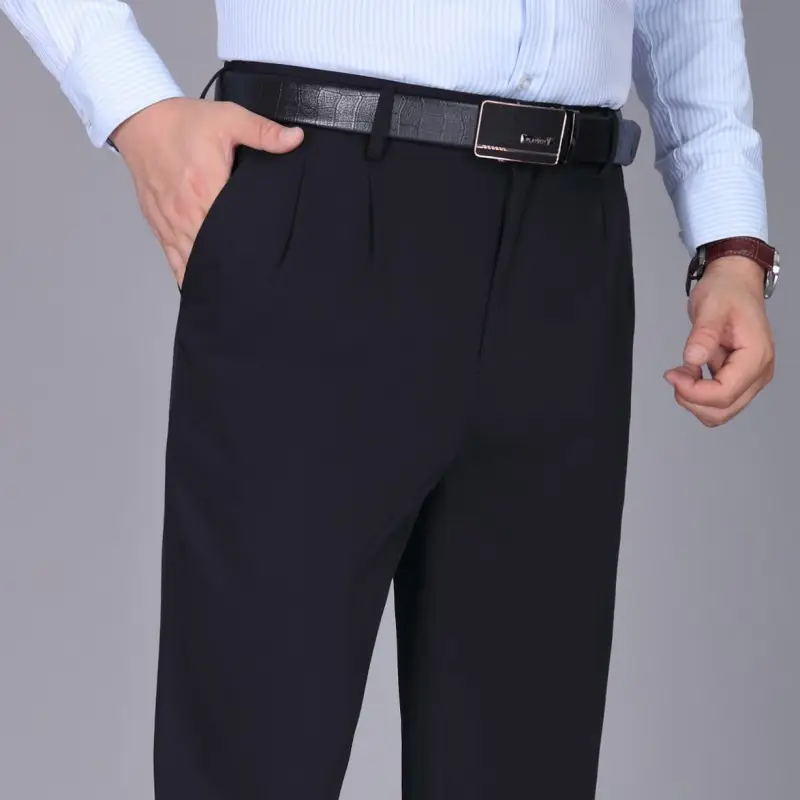 Men Grey High Waist Cotton Business Pants Large - Image 2