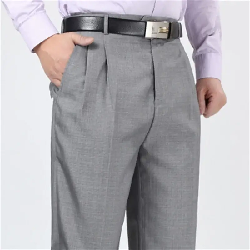 Men Grey High Waist Cotton Business Pants Large - Image 4