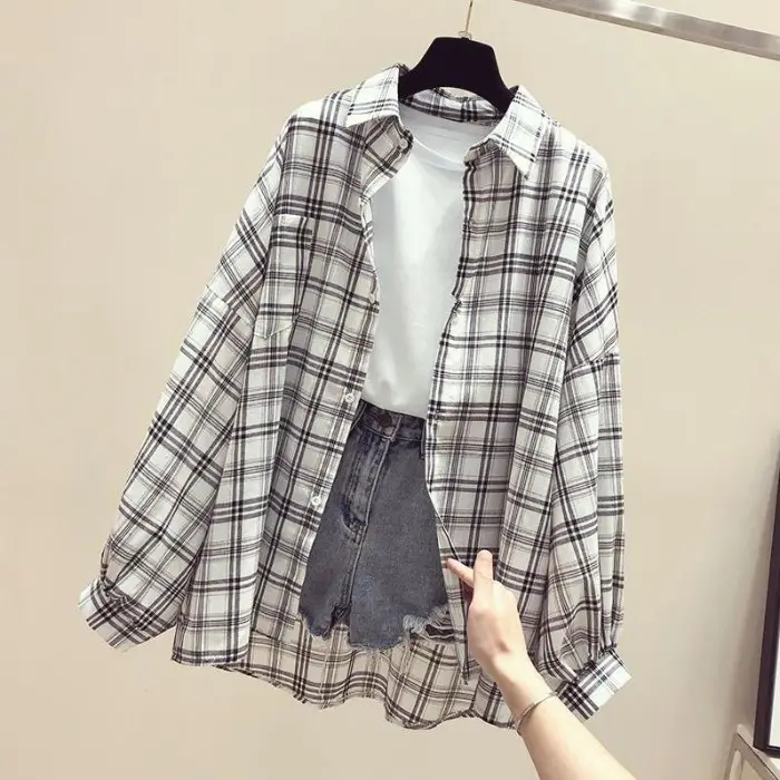 Women Plaid Shirt Sun Protection Jacket 2025 Loose Korean Style