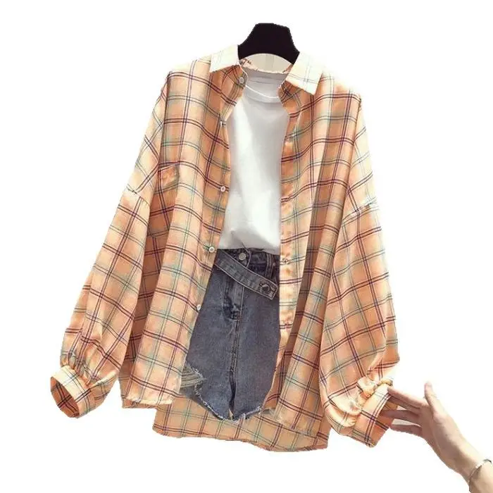 Women Plaid Shirt Sun Protection Jacket 2025 Loose Korean Style