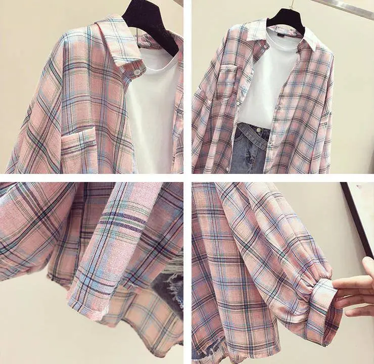 Women Plaid Shirt Sun Protection Jacket 2025 Loose Korean Style — feature 2
