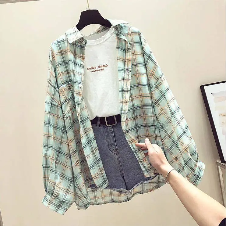 Women Plaid Shirt Sun Protection Jacket 2025 Loose Korean Style — feature 5