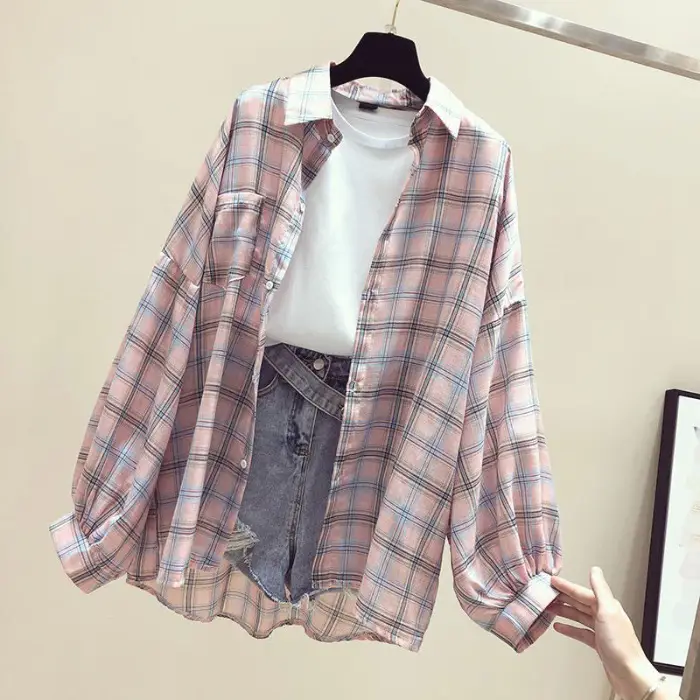 Women Plaid Shirt Sun Protection Jacket 2025 Loose Korean Style