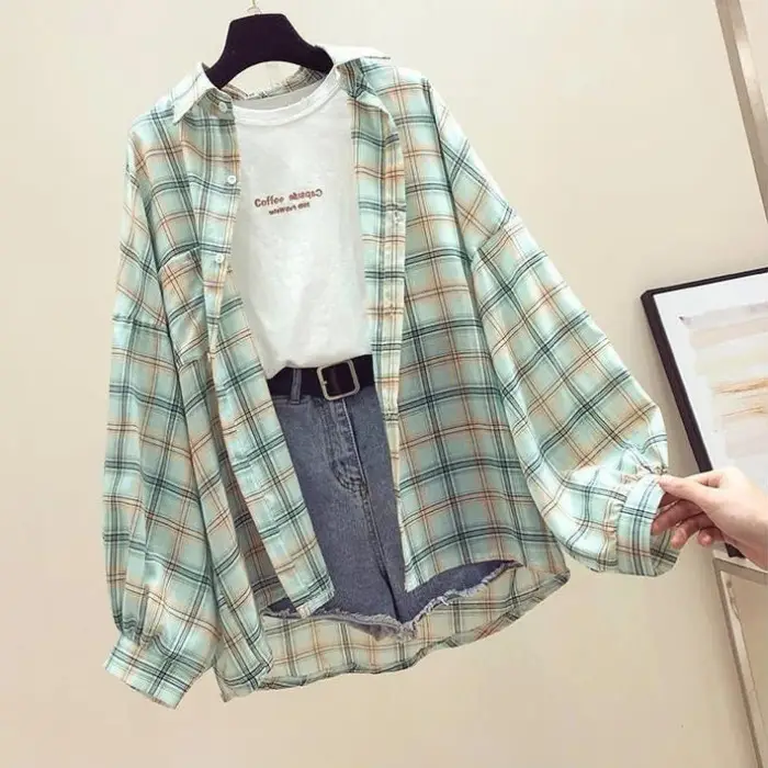 Women Plaid Shirt Sun Protection Jacket 2025 Loose Korean Style
