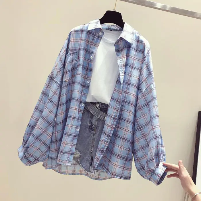 Women Plaid Shirt Sun Protection Jacket 2025 Loose Korean Style