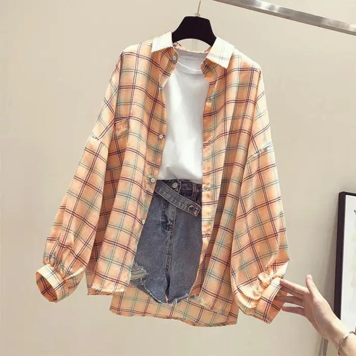 Women Plaid Shirt Sun Protection Jacket 2025 Loose Korean Style