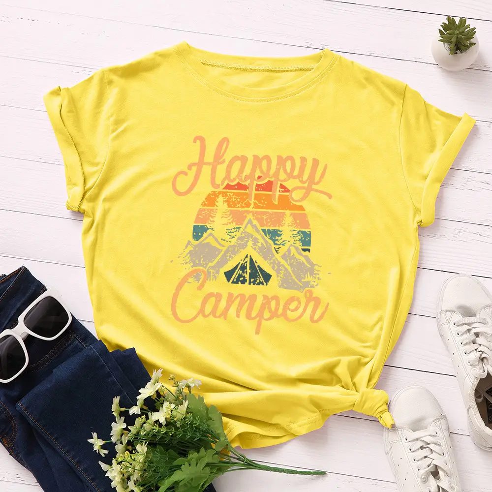 Women Cotton Happy Campers T-Shirt Maroon Short Sleeve - Image 3