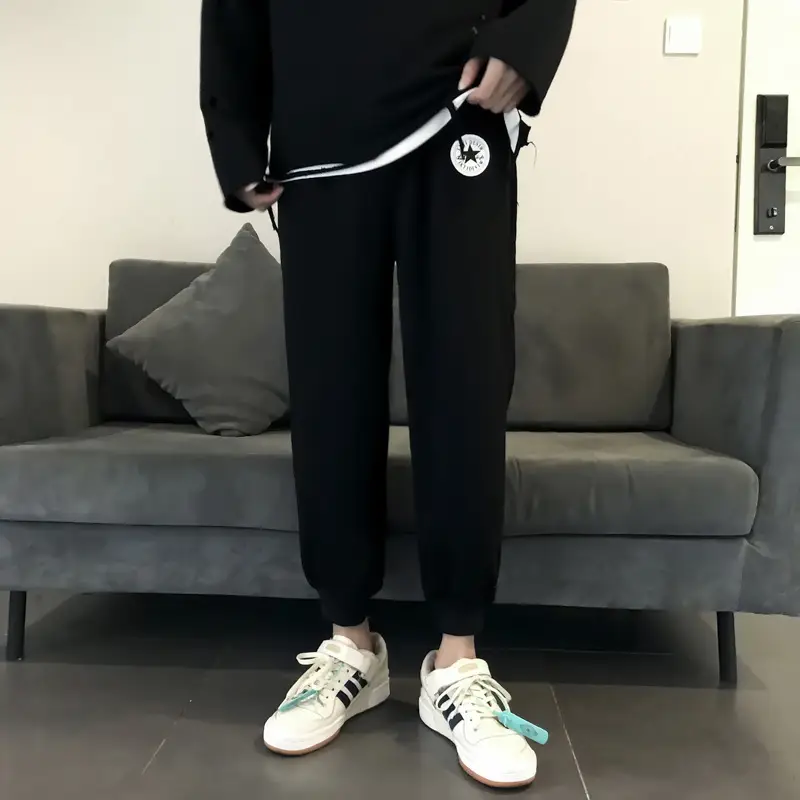Men Korean Style Loose Leg Pants Black White Sneakers - Image 2