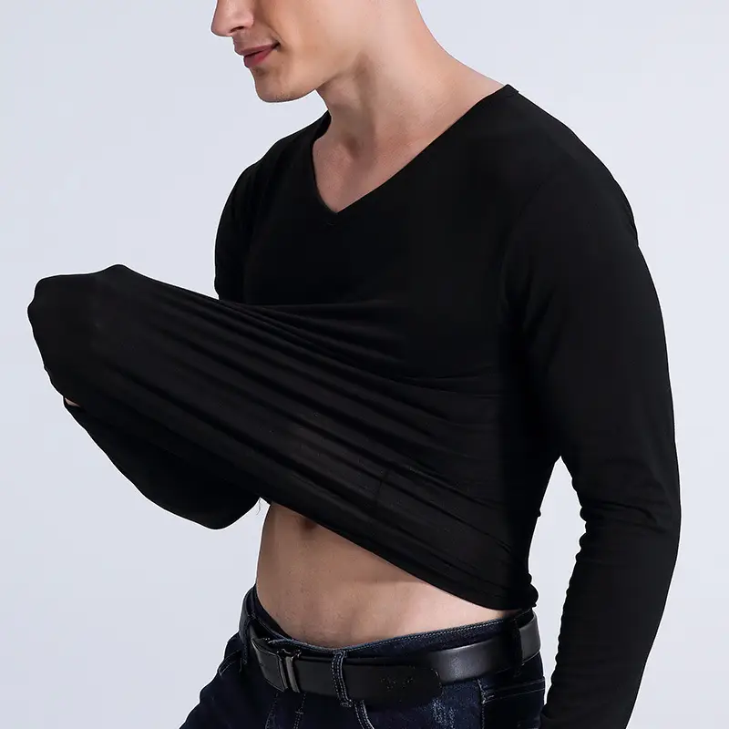 Men V-Neck Long Sleeve T-Shirt Navy Blue - Image 9