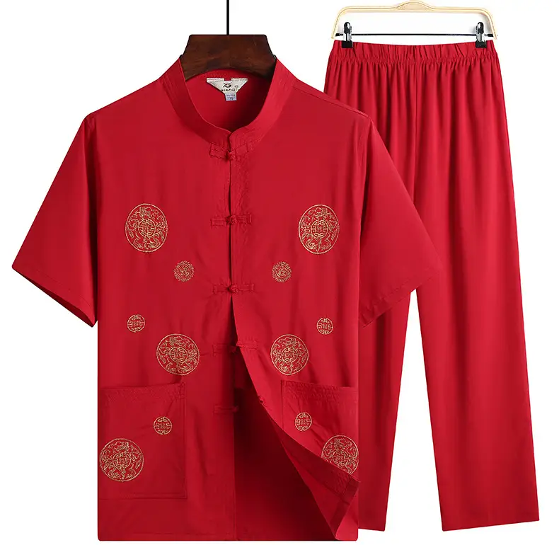 Red Tang Suit for Men Elderly Linen Casual Set — feature 18