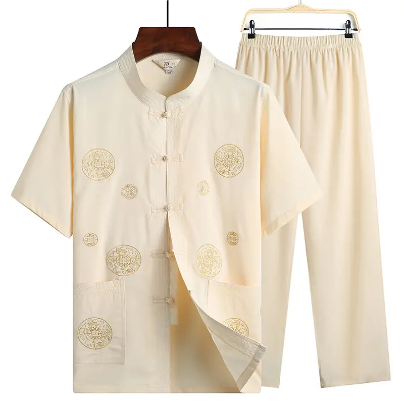 Red Tang Suit for Men Elderly Linen Casual Set - Image 3