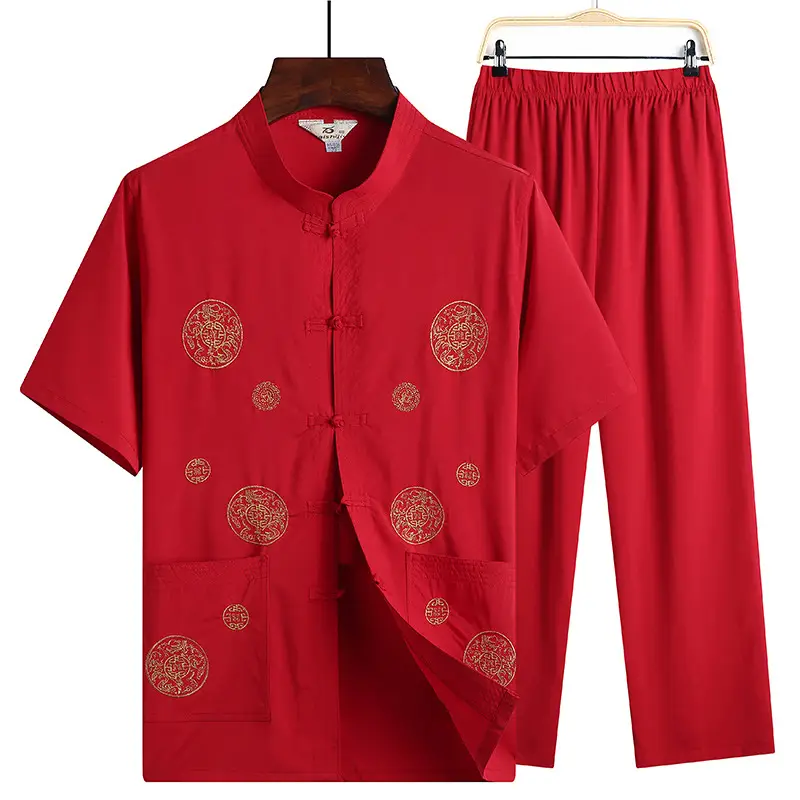 Red Tang Suit for Men Elderly Linen Casual Set - Image 4