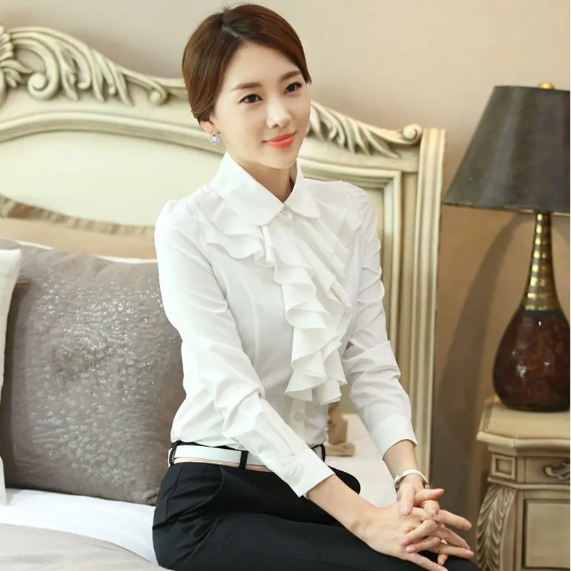 White Ruffled Collar Shirt for Women Long Sleeve Professional - Image 57
