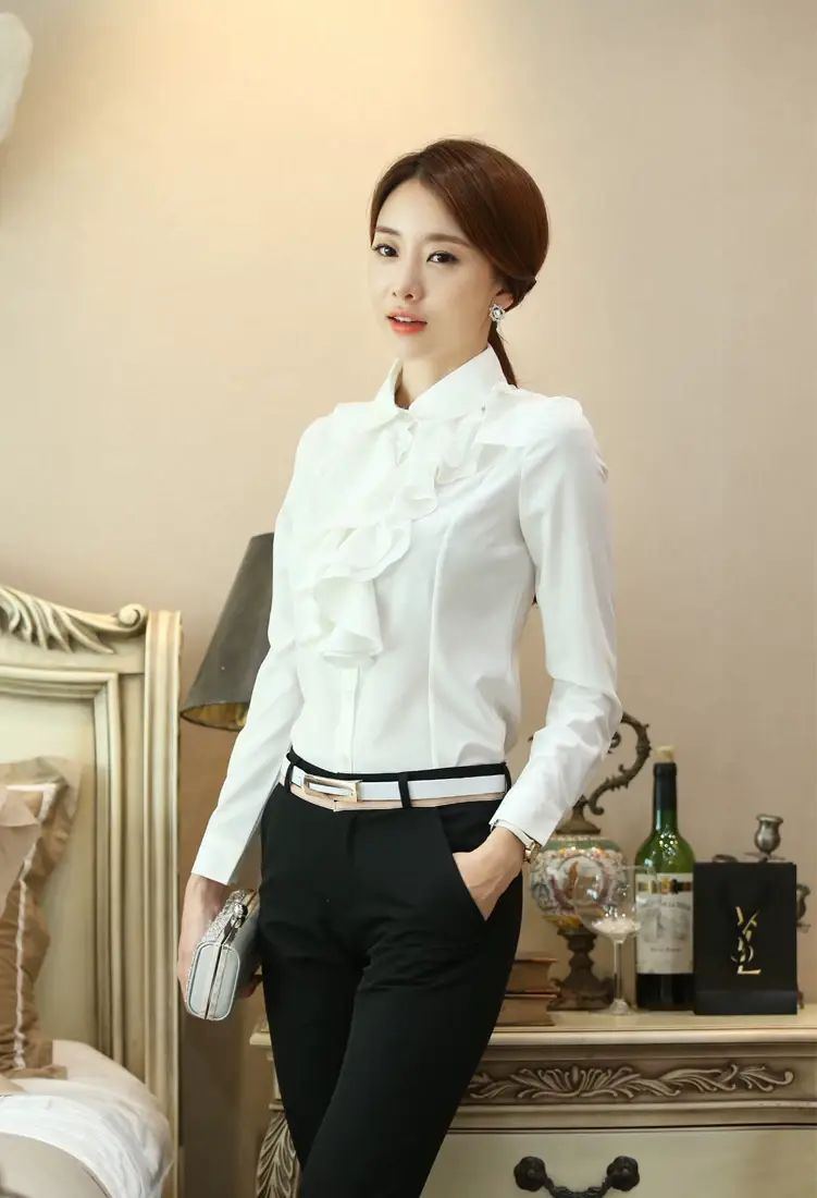 White Ruffled Collar Shirt for Women Long Sleeve Professional — feature 5