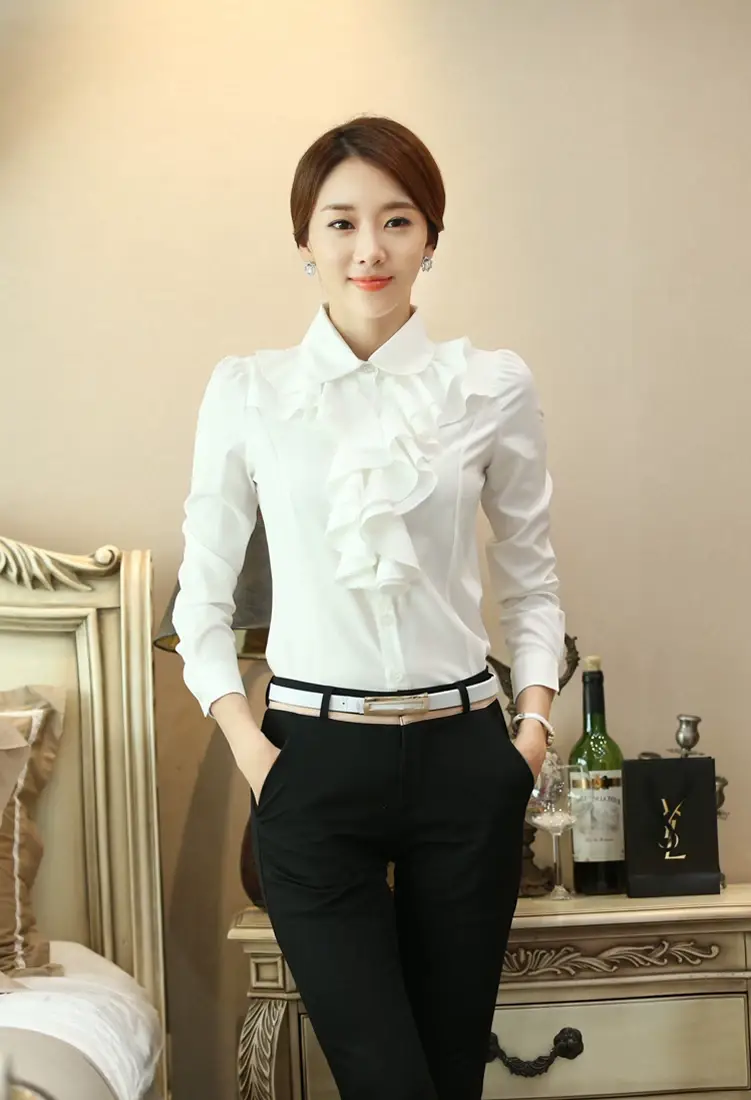 White Ruffled Collar Shirt for Women Long Sleeve Professional — feature 6