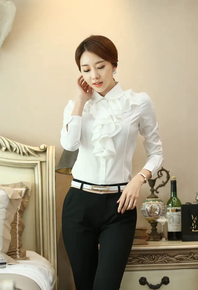 White Ruffled Collar Shirt for Women Long Sleeve Professional — feature 8