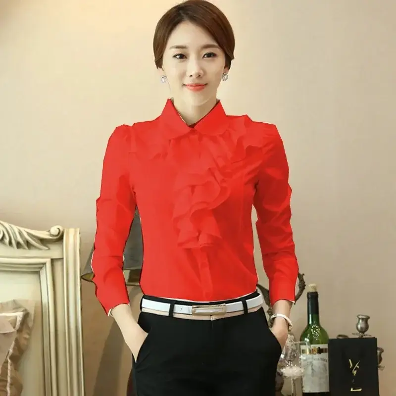 White Ruffled Collar Shirt for Women Long Sleeve Professional - Image 15