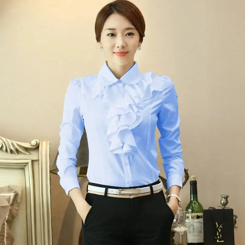 White Ruffled Collar Shirt for Women Long Sleeve Professional - Image 52