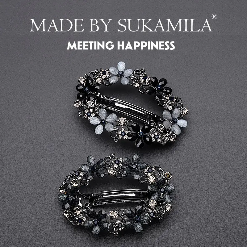 Black Crystal Flower Hair Clip for Women - Image 3