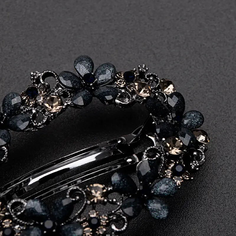 Black Crystal Flower Hair Clip for Women - Image 4