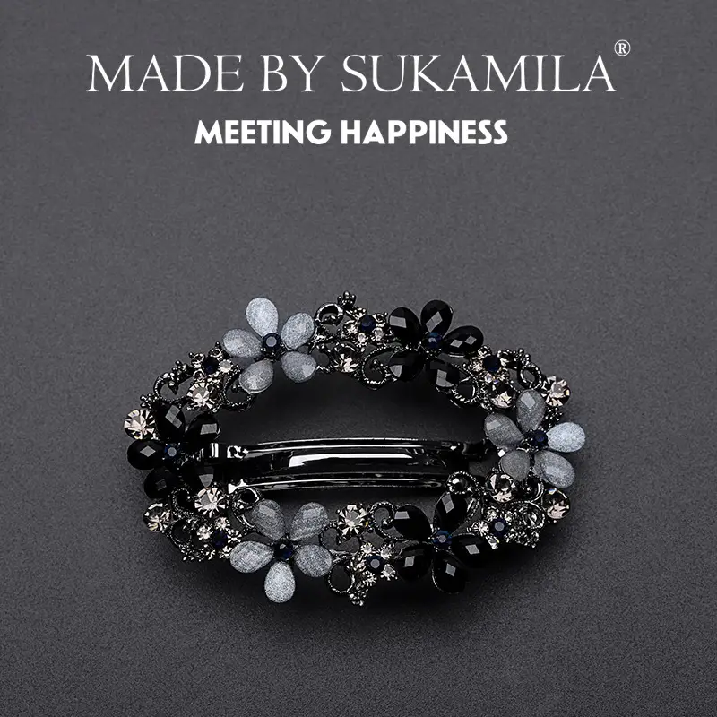 Black Crystal Flower Hair Clip for Women - Image 5