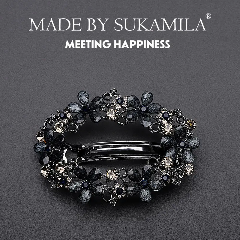 Black Crystal Flower Hair Clip for Women - Image 6
