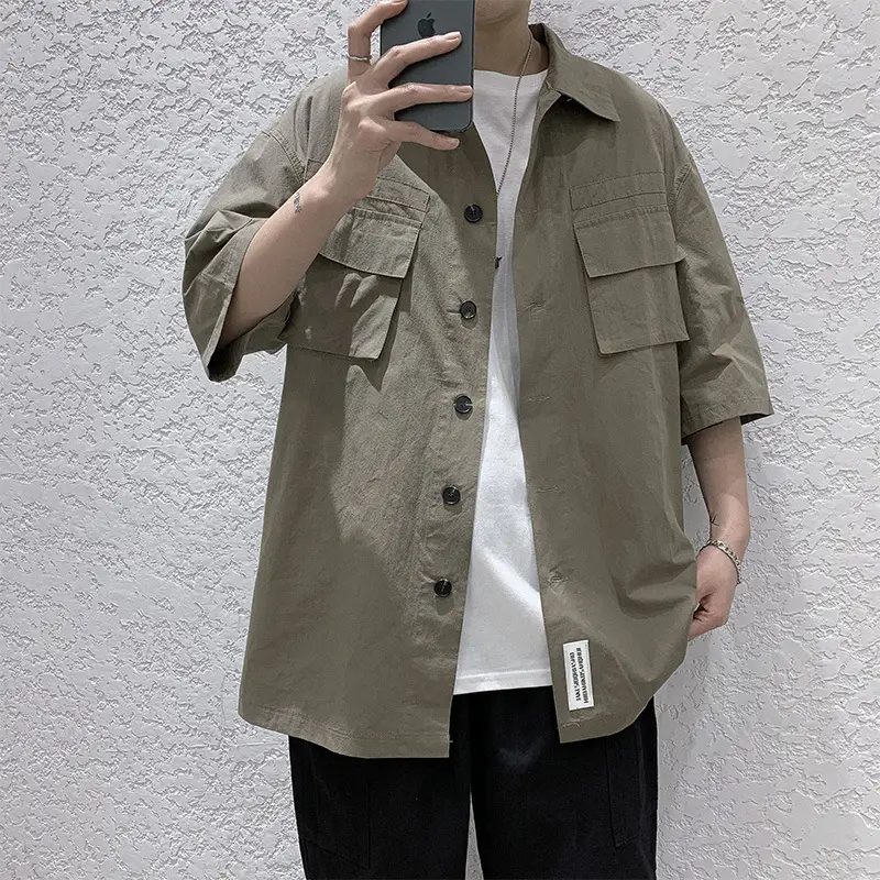 Men's Light Gray Short Sleeve Korean Style Shirt - Image 3
