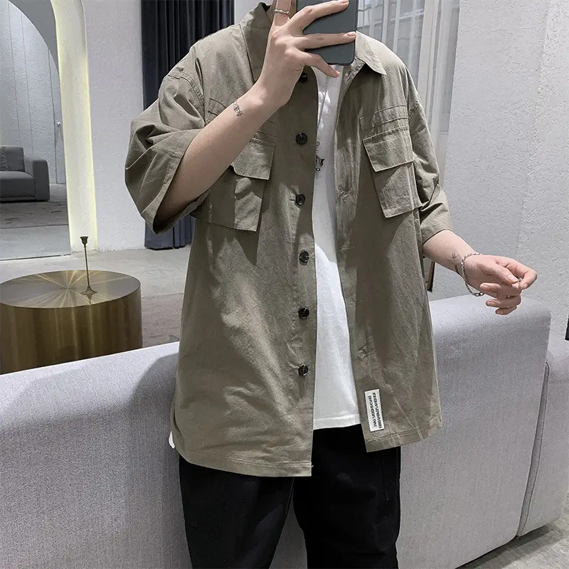 Men's Light Gray Short Sleeve Korean Style Shirt - Image 4