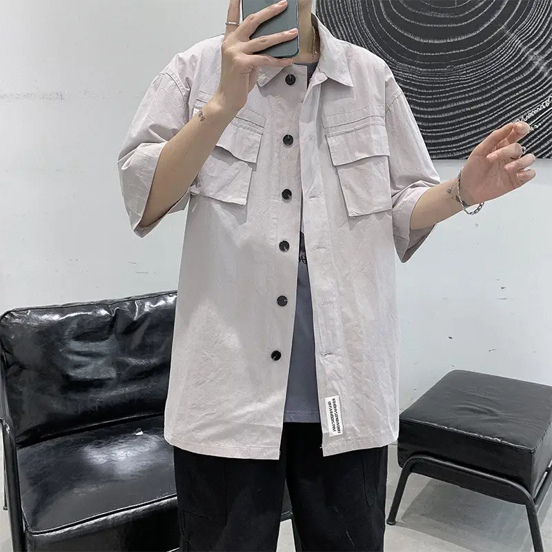 Men's Light Gray Short Sleeve Korean Style Shirt - Image 6
