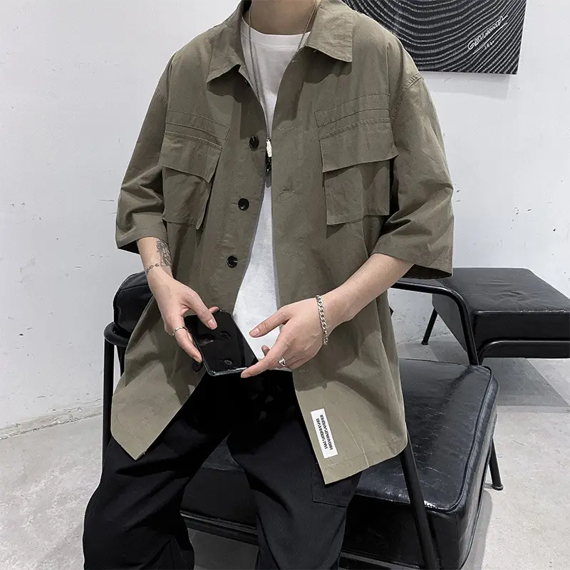 Men's Light Gray Short Sleeve Korean Style Shirt - Image 2