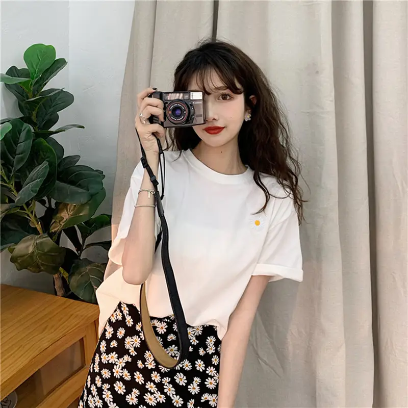Women's Embroidered Chrysanthemum T-Shirt Light Blue Loose Summer - Image 6