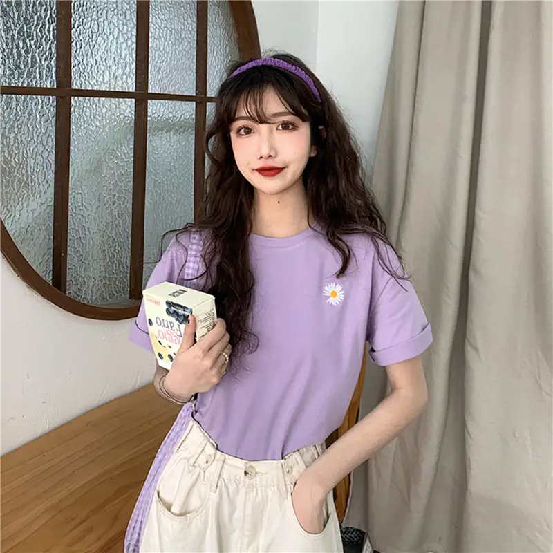 Women's Embroidered Chrysanthemum T-Shirt Light Blue Loose Summer - Image 2