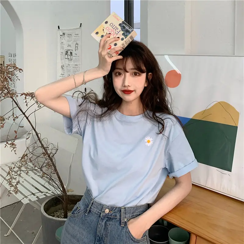 Women's Embroidered Chrysanthemum T-Shirt Light Blue Loose Summer - Image 4