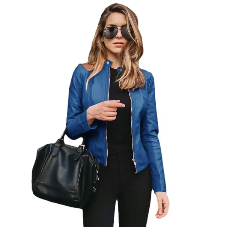 Women's Blue Leather Jacket with Zip Front & Black Tassel - Image 17