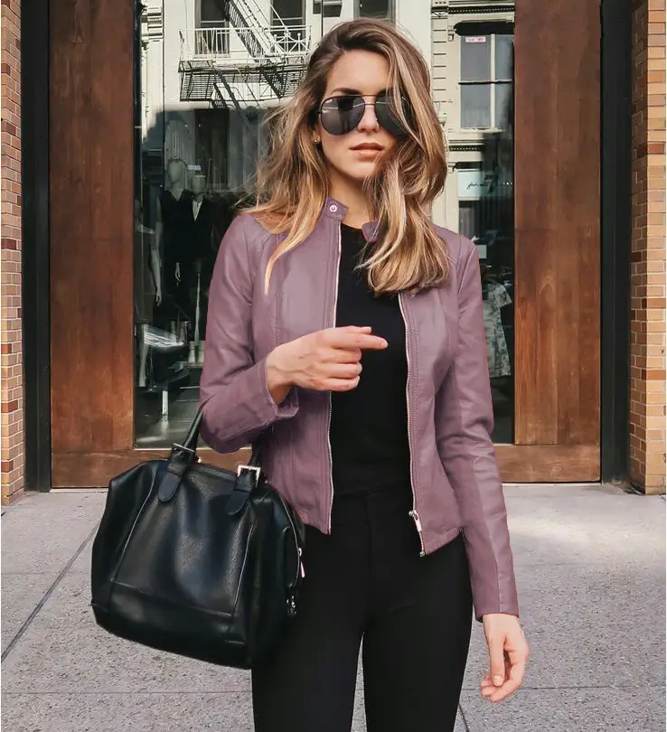 Women's Blue Leather Jacket with Zip Front & Black Tassel - Image 12