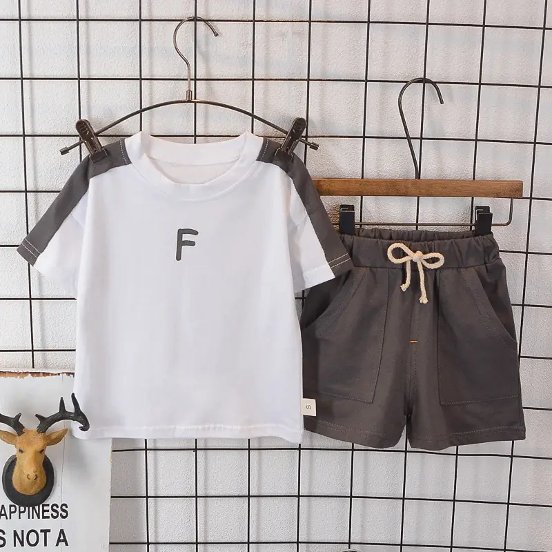 Boys Summer T-Shirt Shorts Set Green Beige F Letter - Image 4