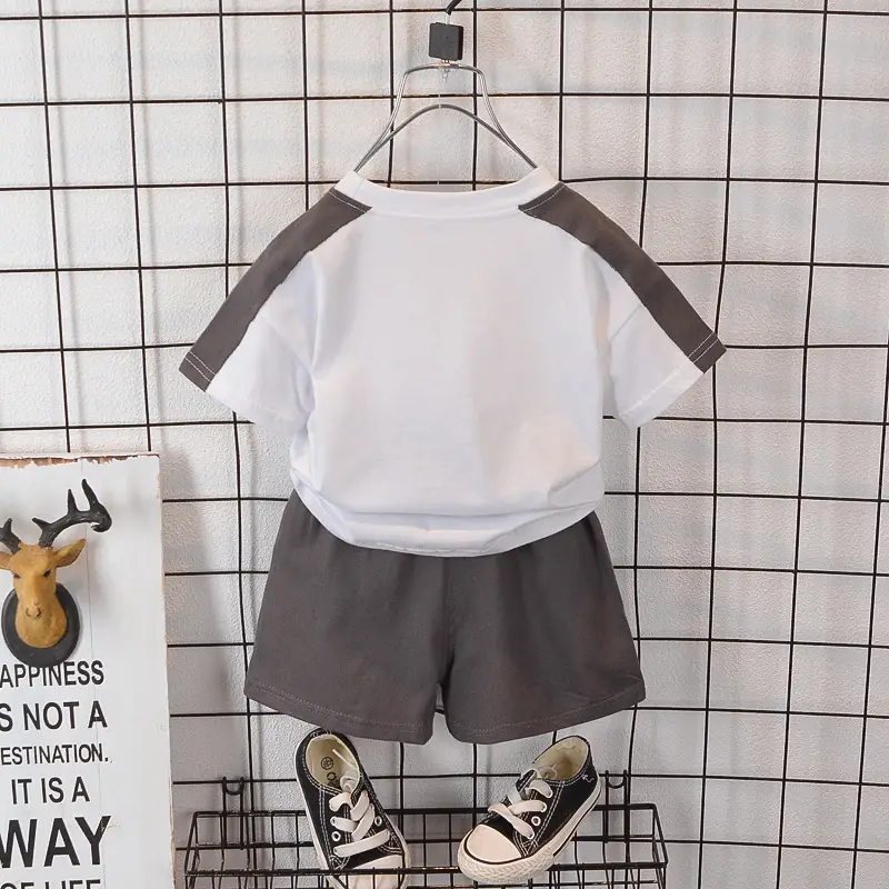 Boys Summer T-Shirt Shorts Set Green Beige F Letter - Image 5