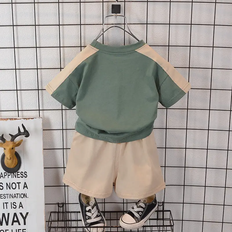 Boys Summer T-Shirt Shorts Set Green Beige F Letter - Image 6