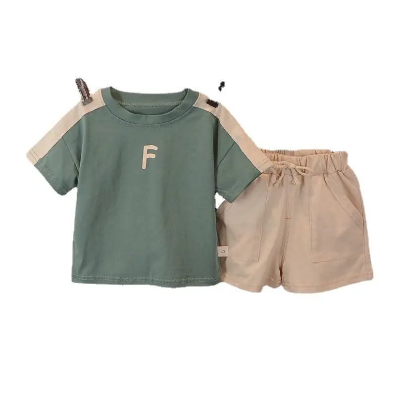 Boys Summer T-Shirt Shorts Set Green Beige F Letter - Image 7