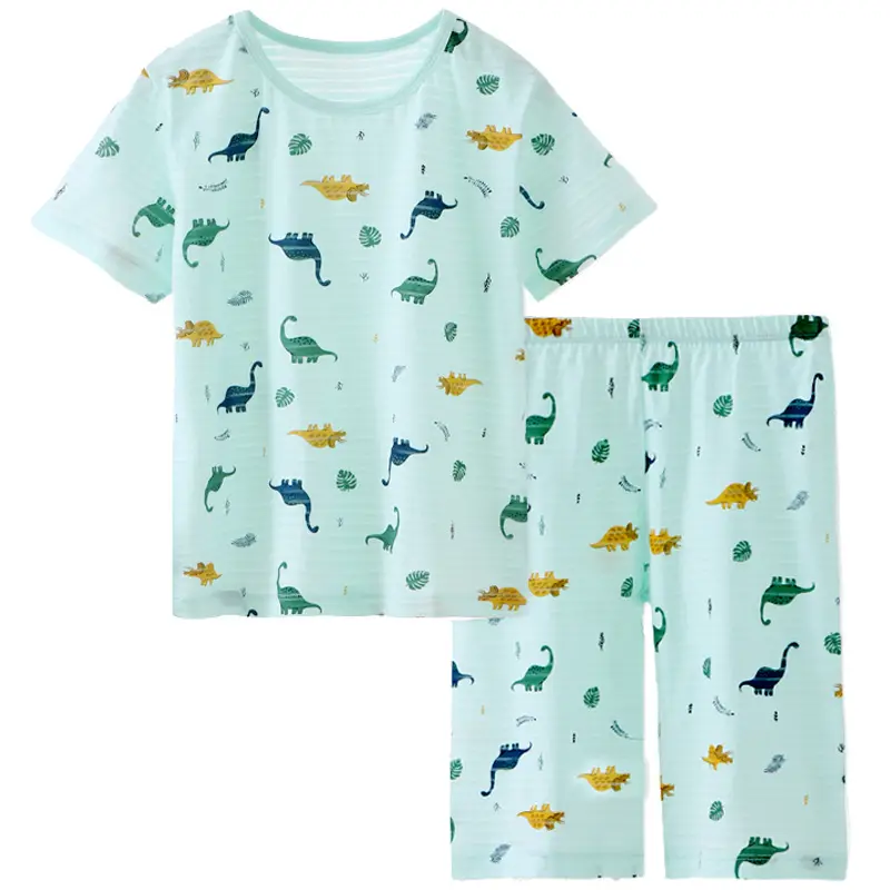 Children's Mint Dinosaur Printed Cotton Shorts Set