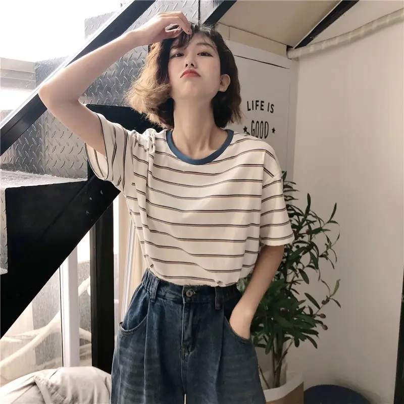 Women Striped T-Shirt Cotton White Blue Short Sleeve - Image 3