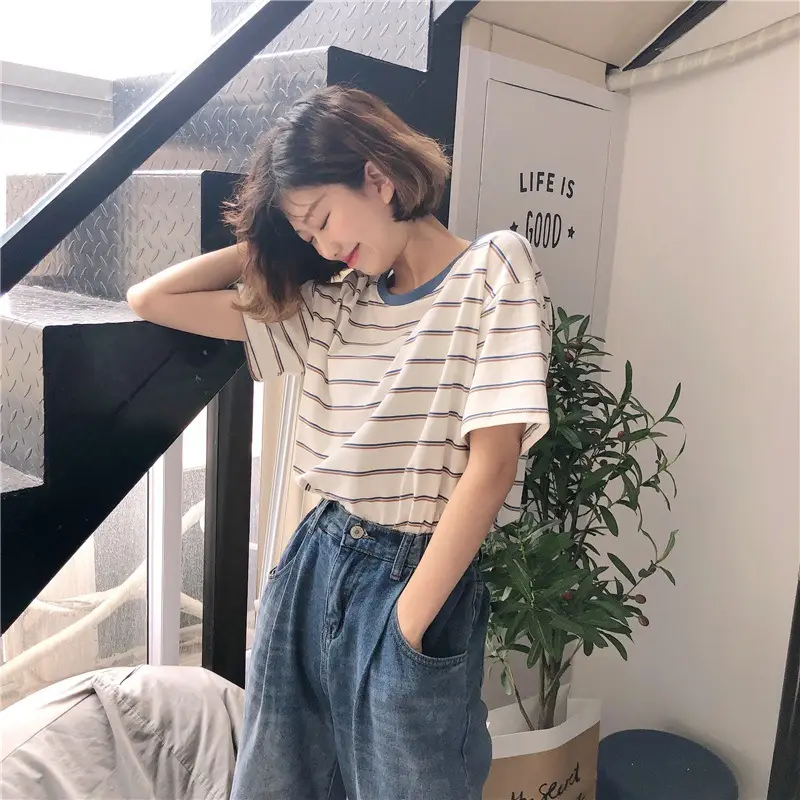 Women Striped T-Shirt Cotton White Blue Short Sleeve - Image 4