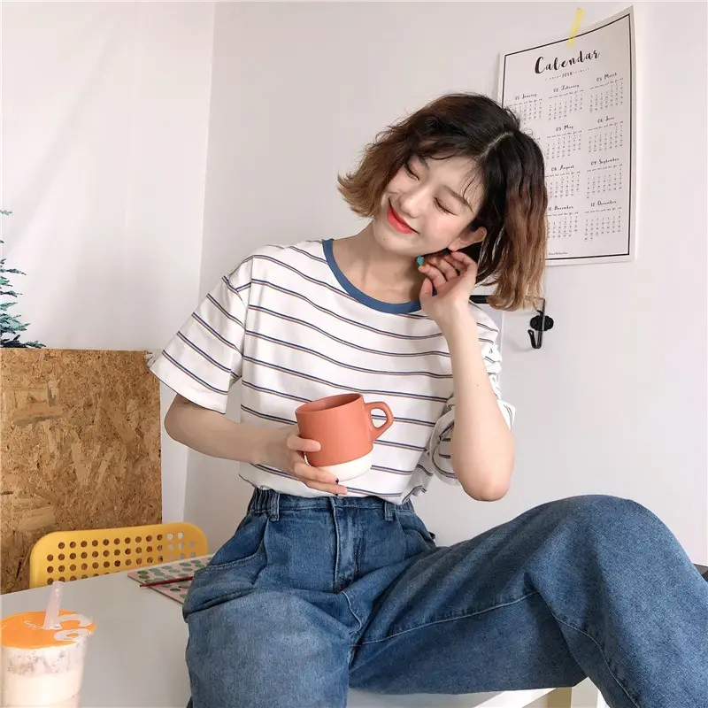 Women Striped T-Shirt Cotton White Blue Short Sleeve - Image 5