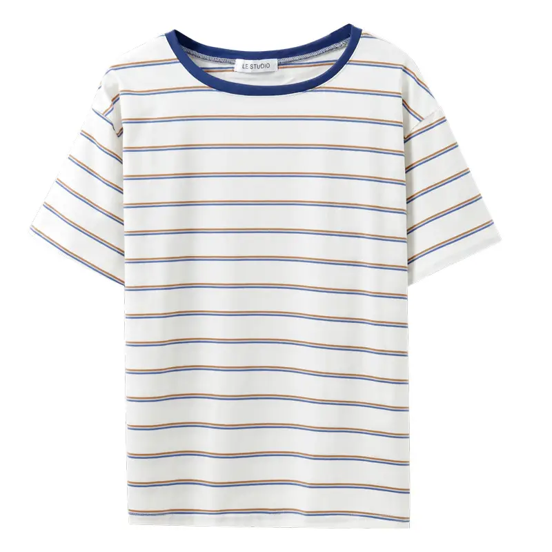 Women Striped T-Shirt Cotton White Blue Short Sleeve - Image 6
